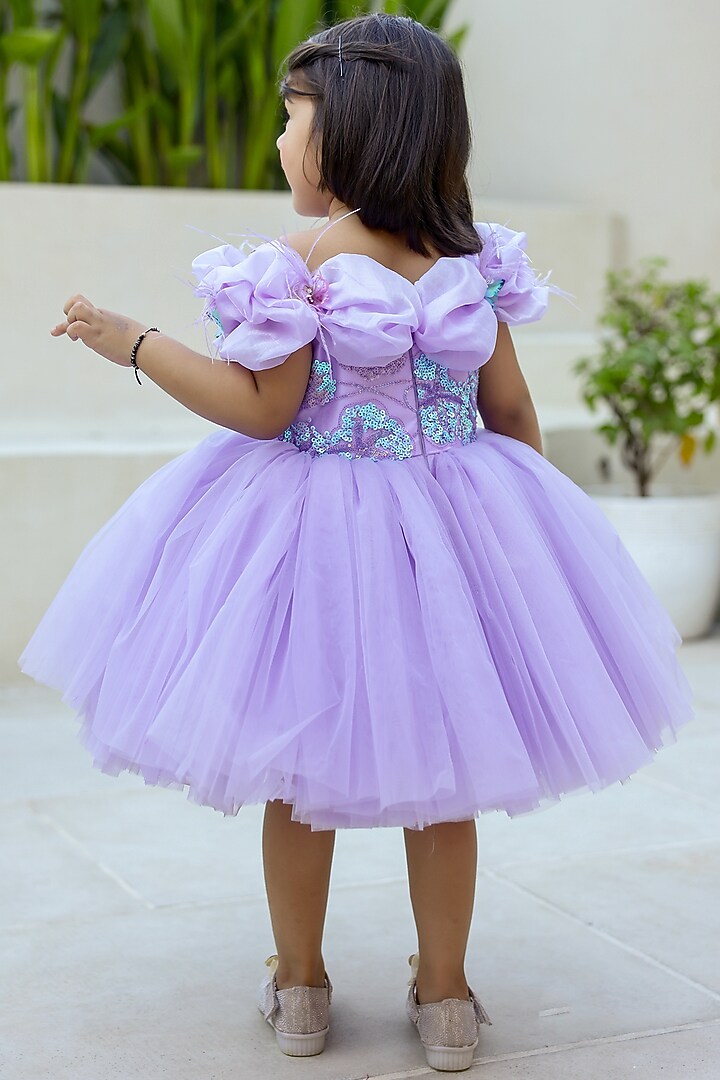 Lavender Net & Sequins Off-Shoulder Dress For Girls by Janyas Closet at Pernia's Pop Up Shop
