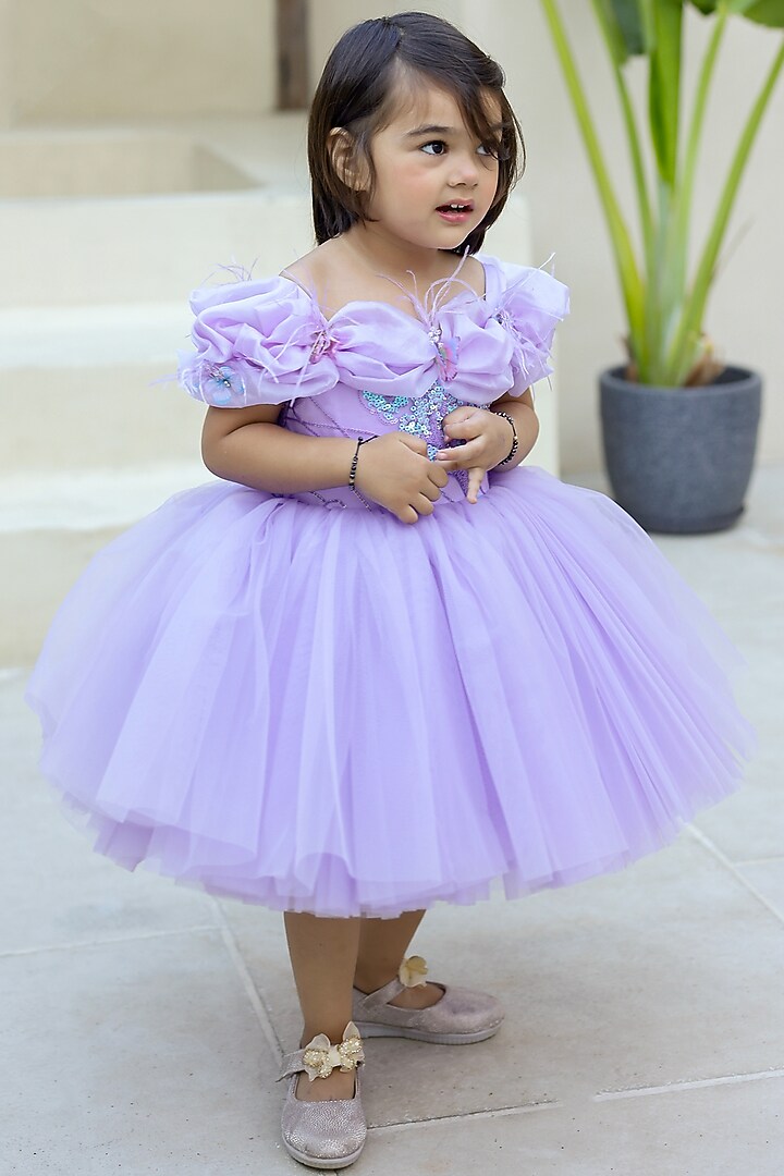 Lavender Net & Sequins Off-Shoulder Dress For Girls by Janyas Closet at Pernia's Pop Up Shop