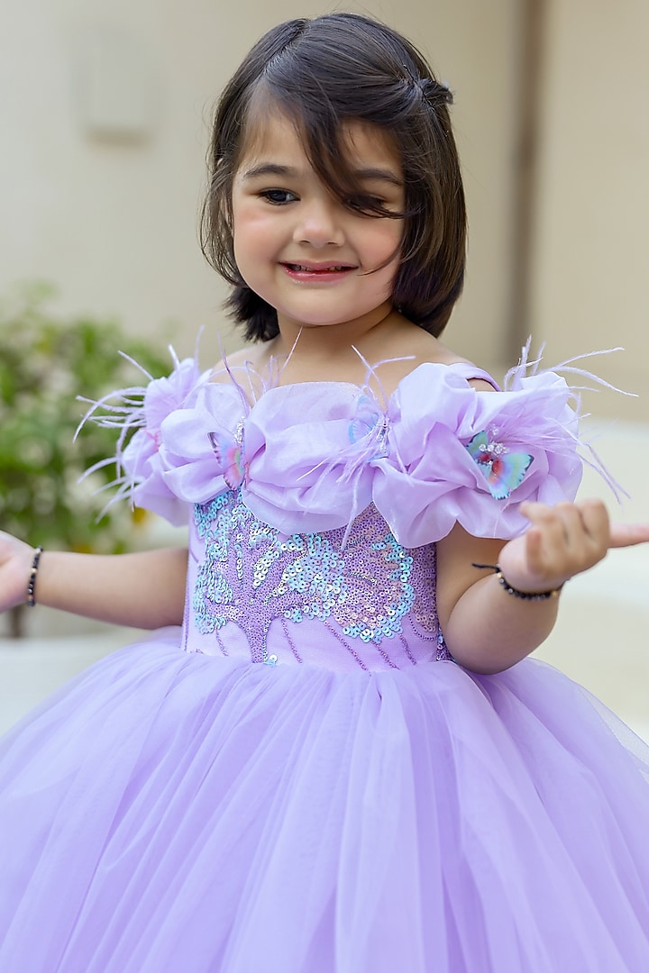 Lavender Net & Sequins Off-Shoulder Dress For Girls by Janyas Closet at Pernia's Pop Up Shop