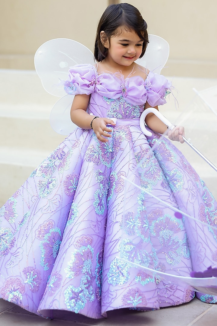 Lavender Net & Sequins Off-Shoulder Gown For Girls by Janyas Closet at Pernia's Pop Up Shop