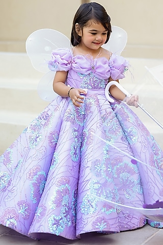 Lavender Net & Sequins Off-Shoulder Gown For Girls by Janyas Closet