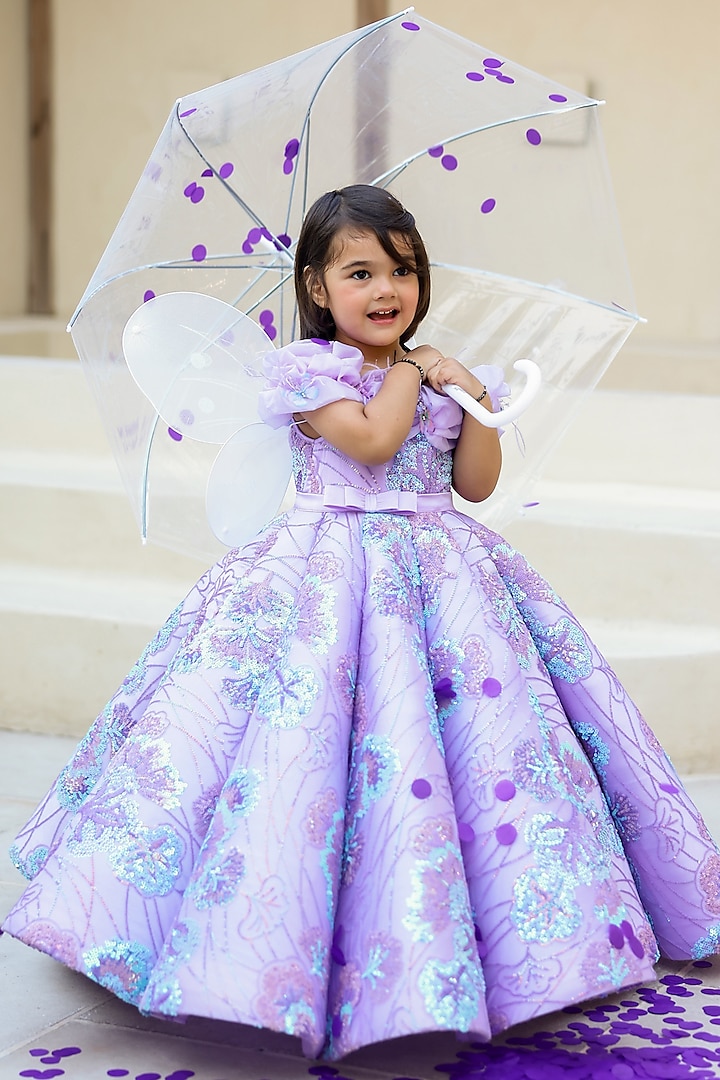 Lavender Net Sequins Off-Shoulder Gown For Girls by Janyas
