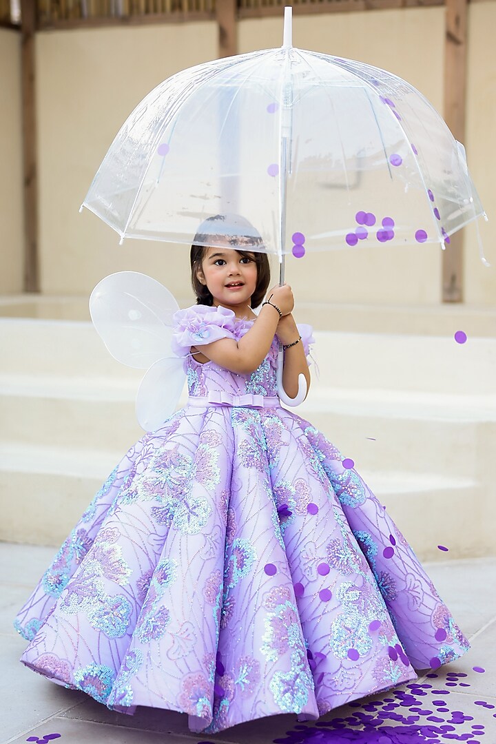 Lavender Net & Sequins Off-Shoulder Gown For Girls by Janyas Closet at Pernia's Pop Up Shop
