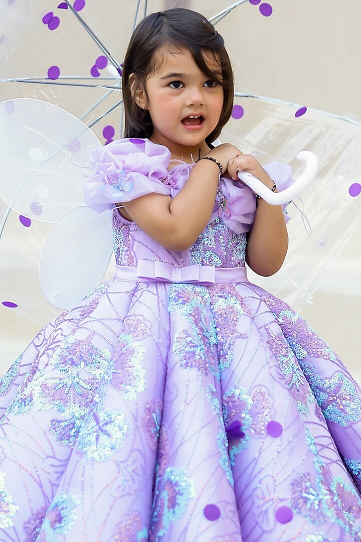 Lavender Net & Sequins Off-Shoulder Gown For Girls by Janyas Closet at Pernia's Pop Up Shop
