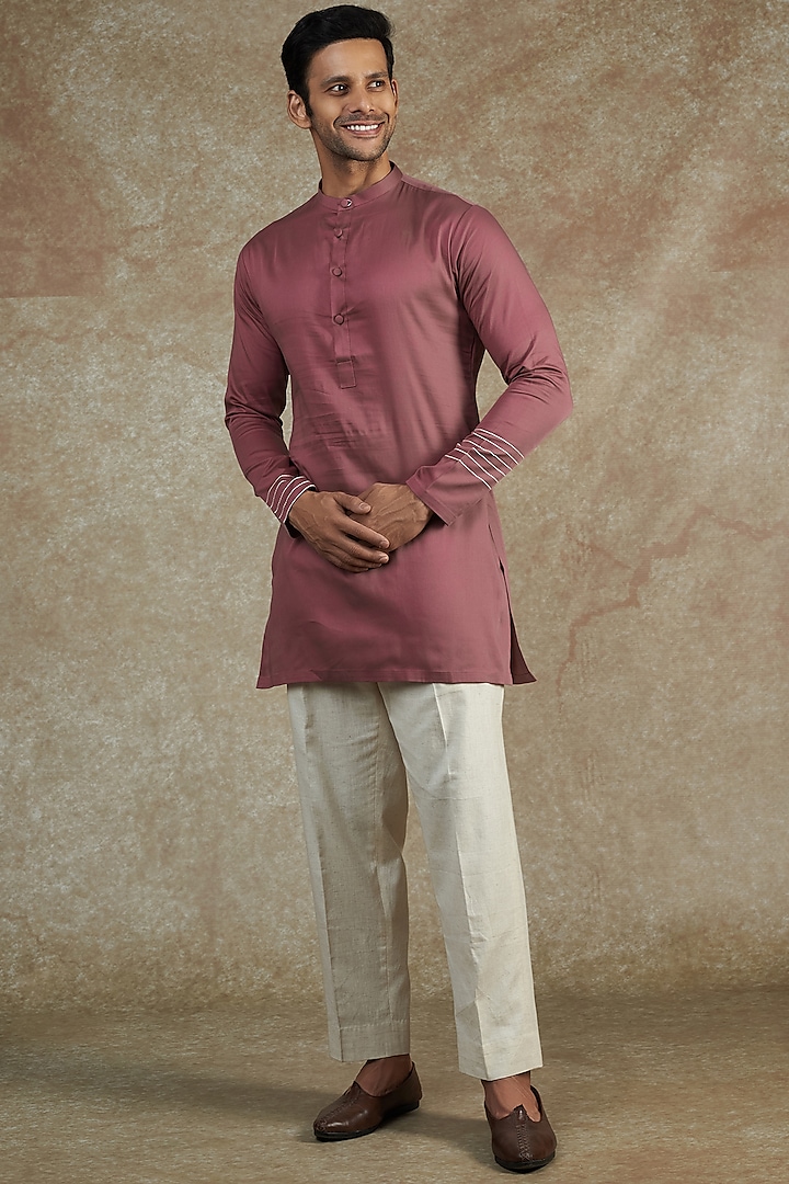 Pink Cotton Satin Kurta Set by JAMA ART OF DRESSING