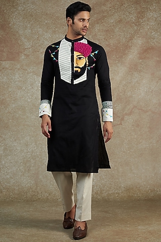 Black Cotton Embroidered & Hand Painted Kurta Set by JAMA ART OF DRESSING