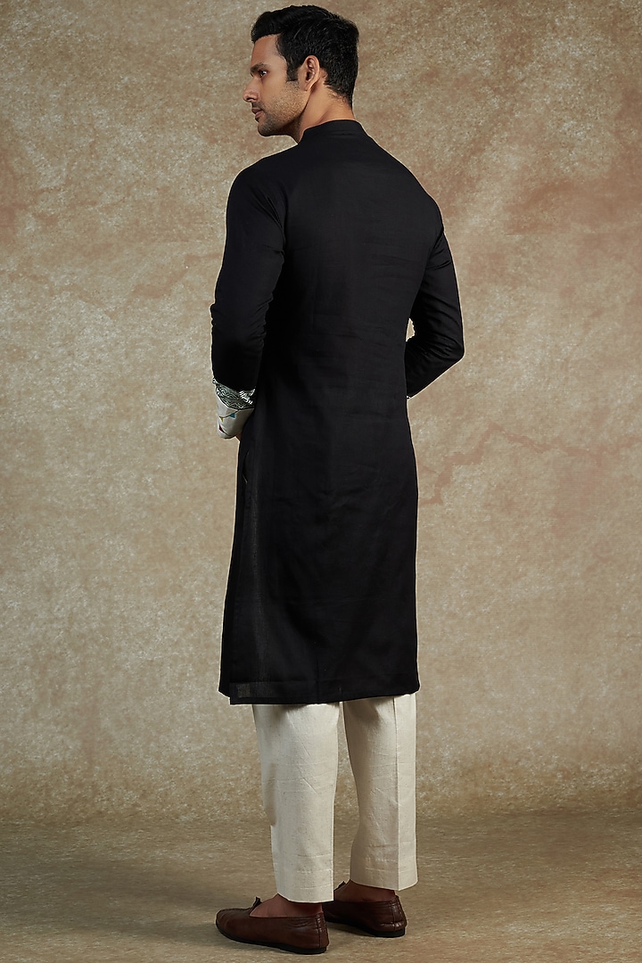 Black Cotton Embroidered & Hand Painted Kurta Set by JAMA ART OF DRESSING at Pernia's Pop Up Shop