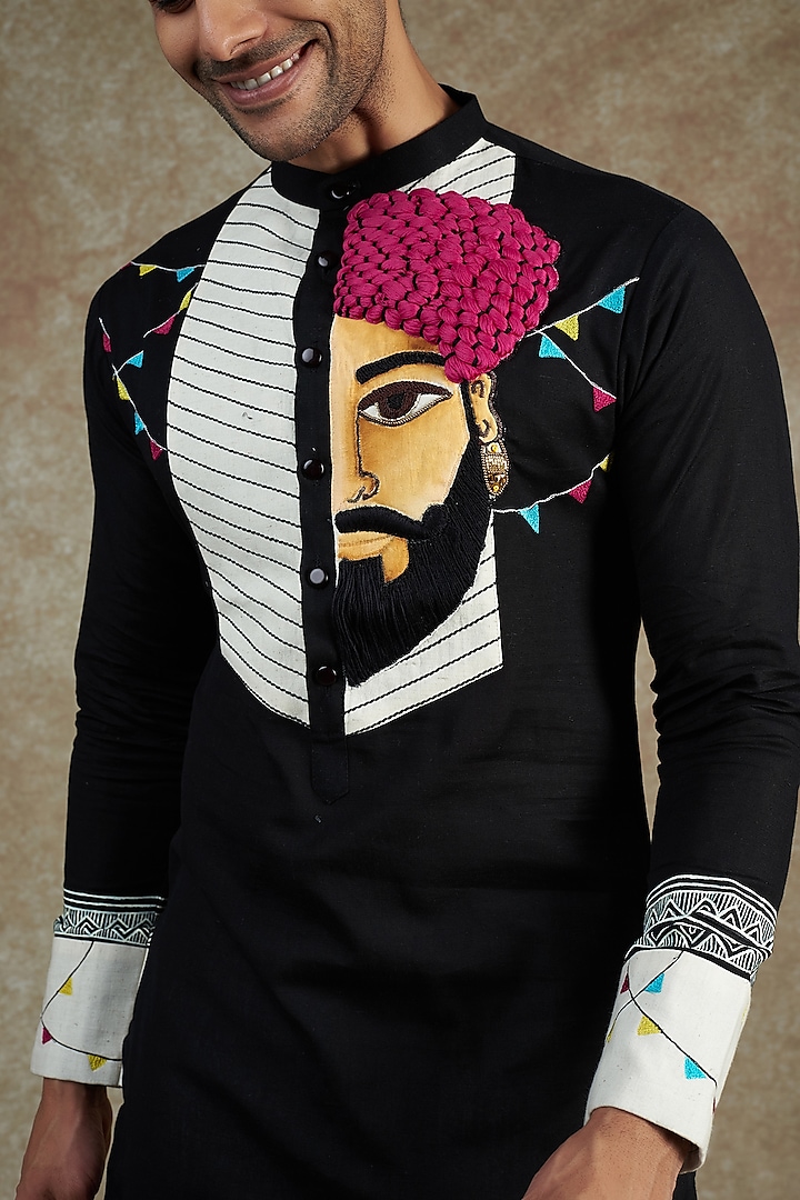 Black Cotton Embroidered & Hand Painted Kurta Set by JAMA ART OF DRESSING at Pernia's Pop Up Shop