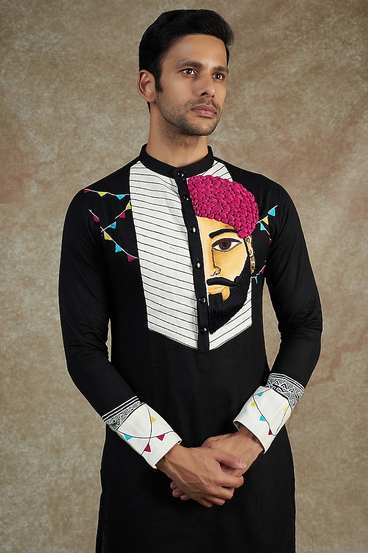 Black Cotton Embroidered & Hand Painted Kurta Set by JAMA ART OF DRESSING at Pernia's Pop Up Shop