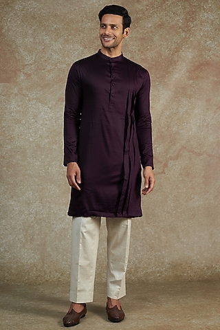 Wine Cotton Satin Pleated Kurta Set by JAMA ART OF DRESSING