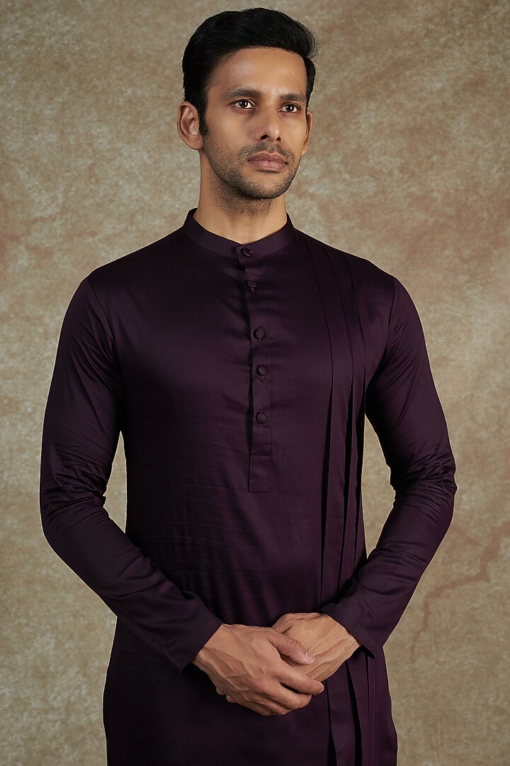 Wine Cotton Satin Pleated Kurta Set by JAMA ART OF DRESSING at Pernia's Pop Up Shop