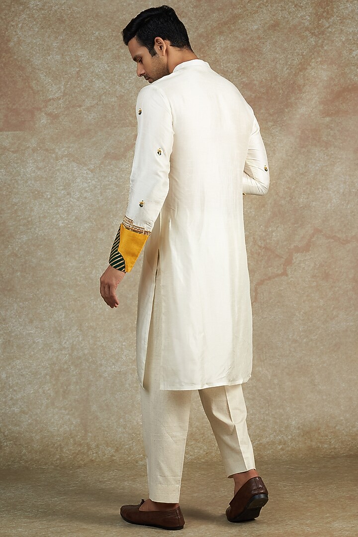 White Flat Raw Silk Hand & Machine Embroidered Kurta Set by JAMA ART OF DRESSING at Pernia's Pop Up Shop