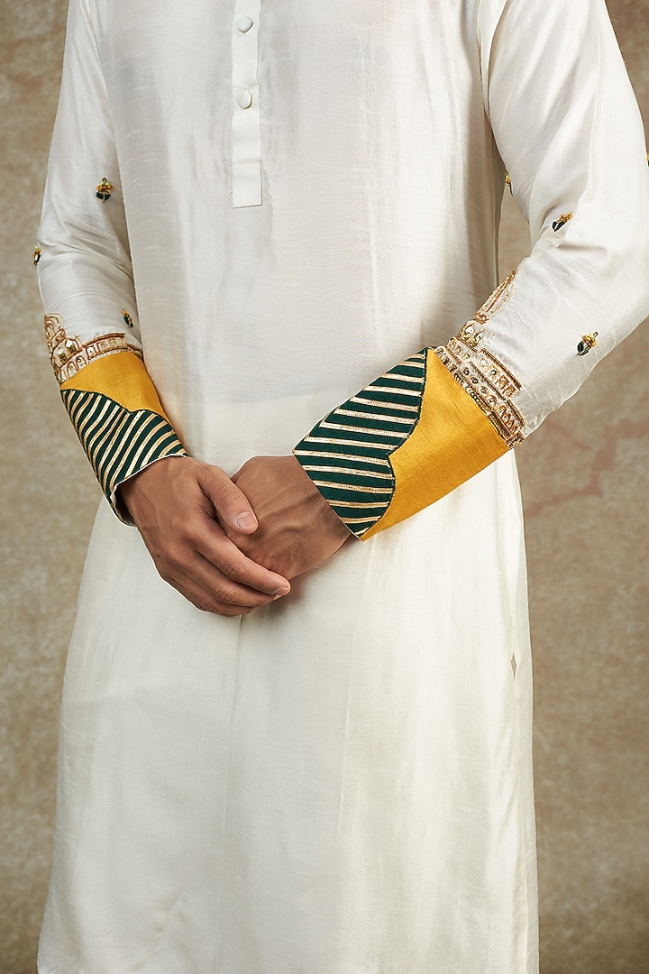White Flat Raw Silk Hand & Machine Embroidered Kurta Set by JAMA ART OF DRESSING at Pernia's Pop Up Shop