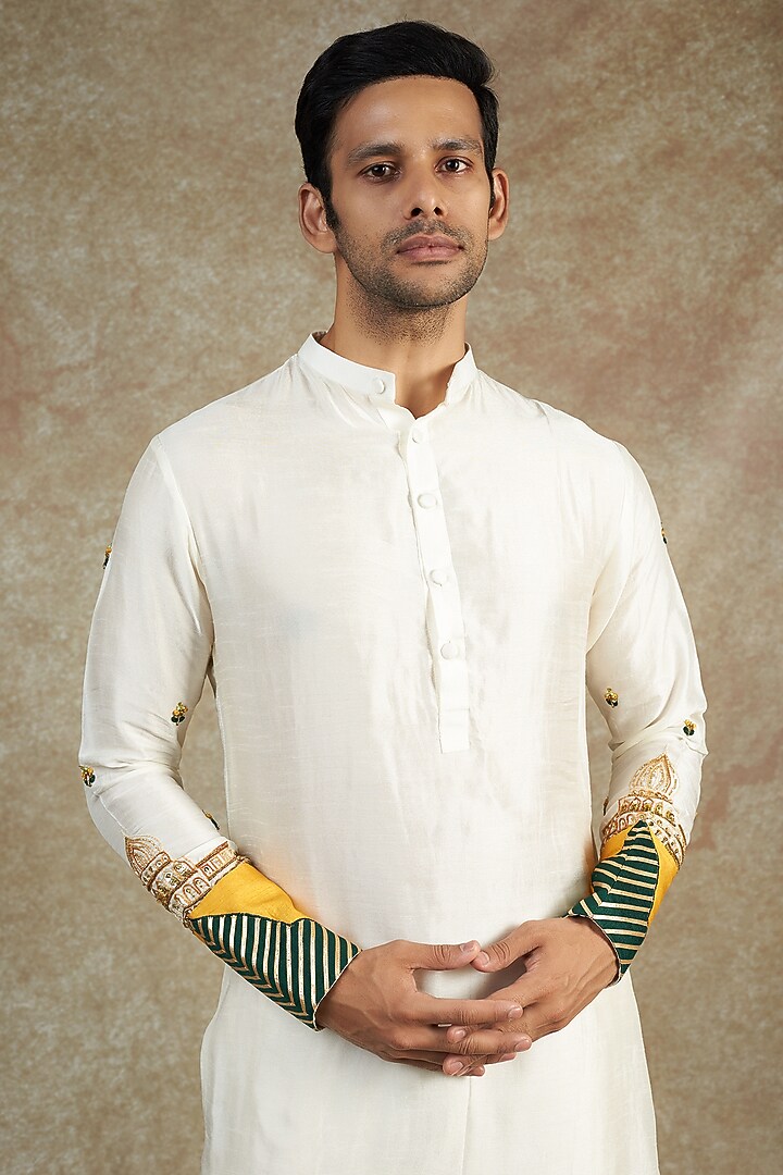 White Flat Raw Silk Hand & Machine Embroidered Kurta Set by JAMA ART OF DRESSING at Pernia's Pop Up Shop