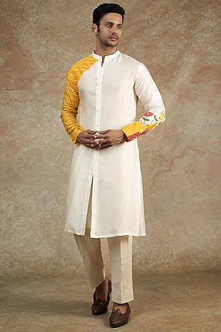 White Flat Raw Silk Hand Painted & Embroidered Kurta Set by JAMA ART OF DRESSING