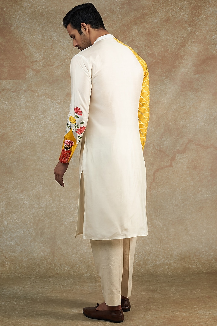 White Flat Raw Silk Hand Painted & Embroidered Kurta Set by JAMA ART OF DRESSING at Pernia's Pop Up Shop