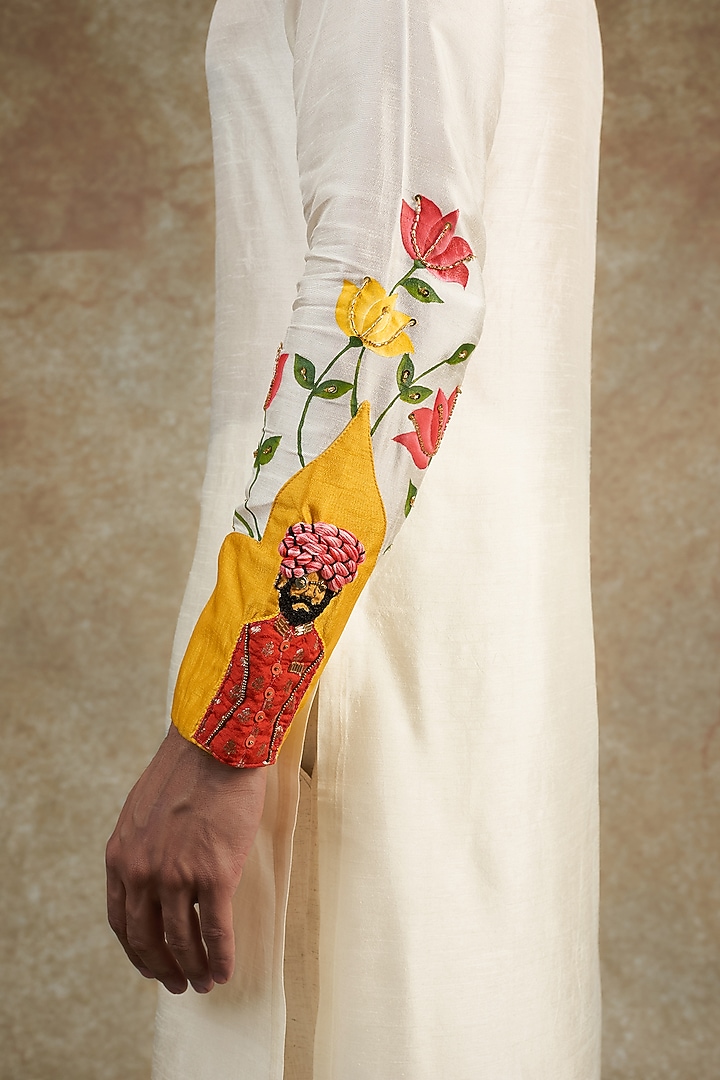 White Flat Raw Silk Hand Painted & Embroidered Kurta Set by JAMA ART OF DRESSING at Pernia's Pop Up Shop