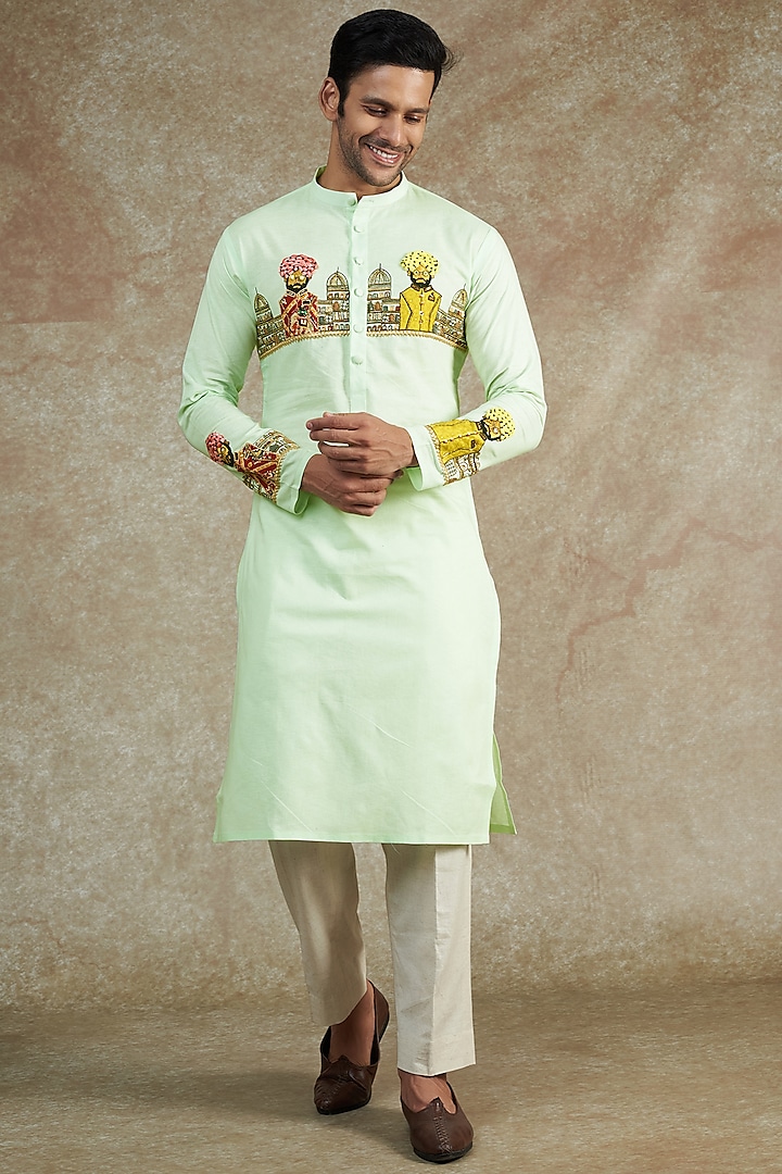 Mint Green Cotton Embroidered & Hand Painted Kurta Set by JAMA ART OF DRESSING