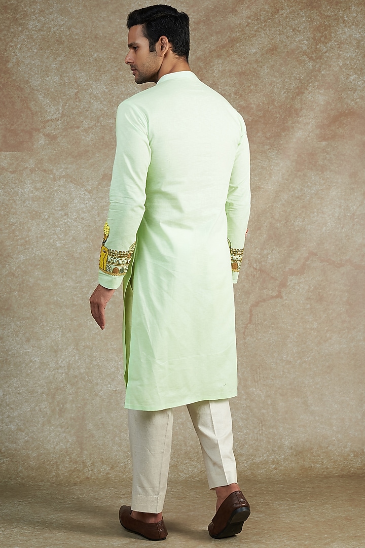 Mint Green Cotton Embroidered & Hand Painted Kurta Set by JAMA ART OF DRESSING at Pernia's Pop Up Shop