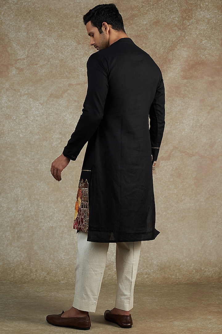 Black Cotton Embroidered & Hand Painted Kurta Set by JAMA ART OF DRESSING at Pernia's Pop Up Shop