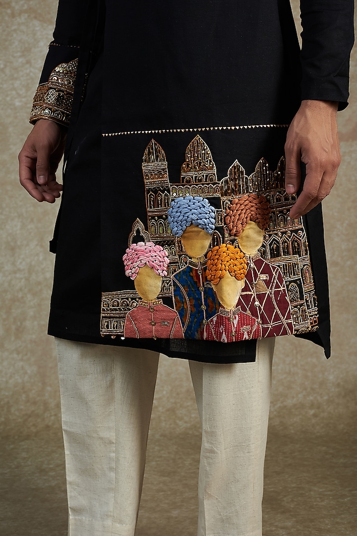 Black Cotton Embroidered & Hand Painted Kurta Set by JAMA ART OF DRESSING at Pernia's Pop Up Shop