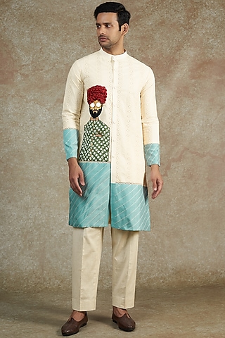 Ivory Cotton Hand Painted & Embroidered Kurta Set by JAMA ART OF DRESSING