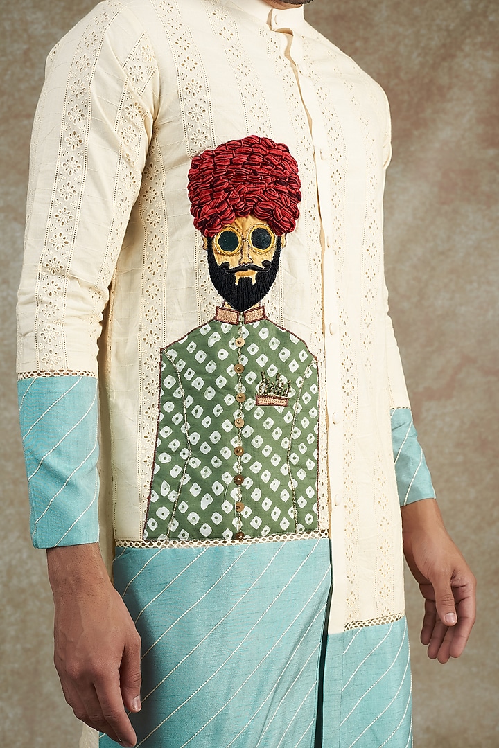 Ivory Cotton Hand Painted & Embroidered Kurta Set by JAMA ART OF DRESSING at Pernia's Pop Up Shop