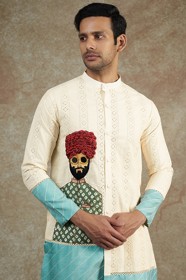 Ivory Cotton Hand Painted & Embroidered Kurta Set by JAMA ART OF DRESSING at Pernia's Pop Up Shop
