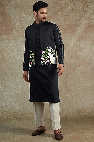 Blue Satin Hand Painted & Embroidered Kurta Set by JAMA ART OF DRESSING