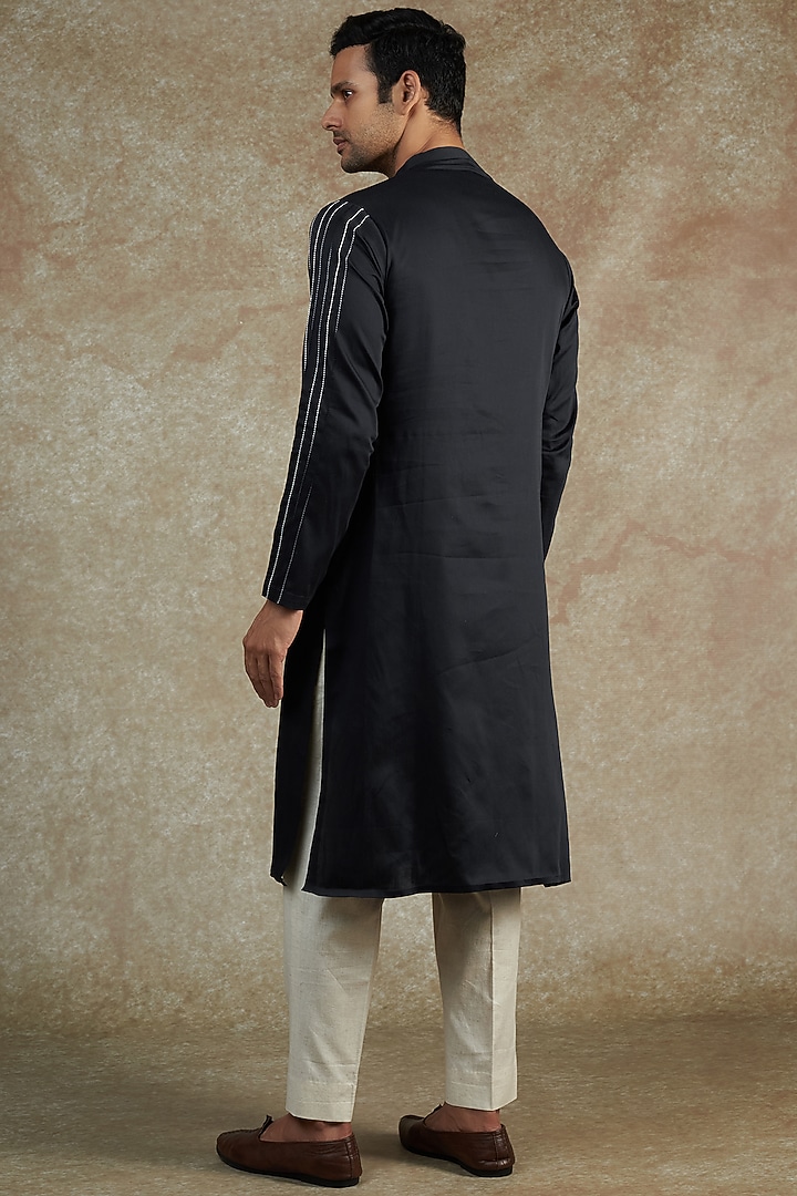 Blue Satin Hand Painted & Embroidered Kurta Set by JAMA ART OF DRESSING at Pernia's Pop Up Shop