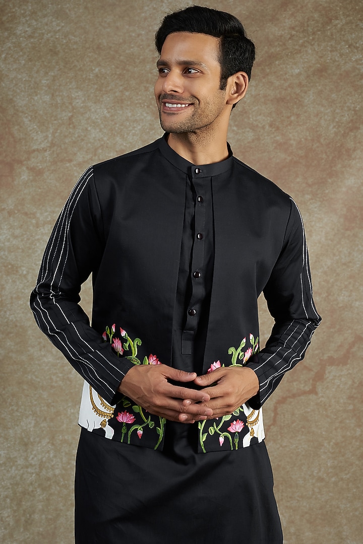 Blue Satin Hand Painted & Embroidered Kurta Set by JAMA ART OF DRESSING at Pernia's Pop Up Shop