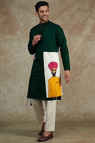 Bottle Green Khadi Cotton Hand Embroidered & Hand Painted Angrakha Kurta Set by JAMA ART OF DRESSING