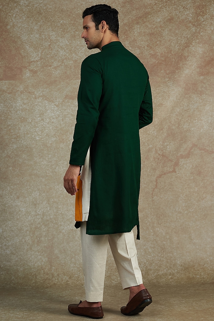 Bottle Green Khadi Cotton Hand Embroidered & Hand Painted Angrakha Kurta Set by JAMA ART OF DRESSING at Pernia's Pop Up Shop