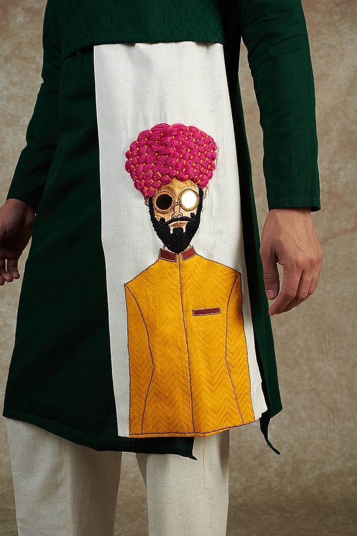 Bottle Green Khadi Cotton Hand Embroidered & Hand Painted Angrakha Kurta Set by JAMA ART OF DRESSING at Pernia's Pop Up Shop