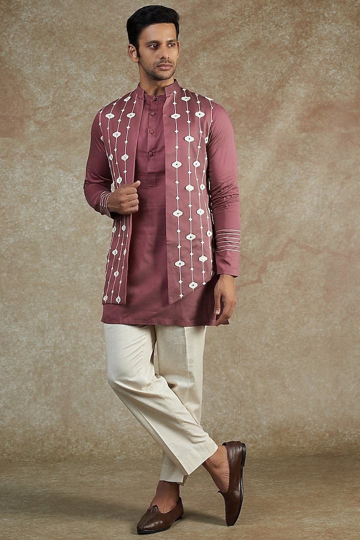 Pink Cotton Embroidered Jacket With Kurta Set by JAMA ART OF DRESSING