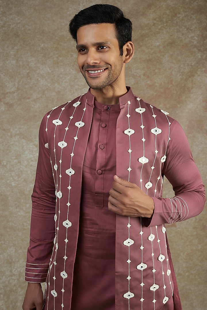 Pink Cotton Embroidered Jacket With Kurta Set by JAMA ART OF DRESSING at Pernia's Pop Up Shop