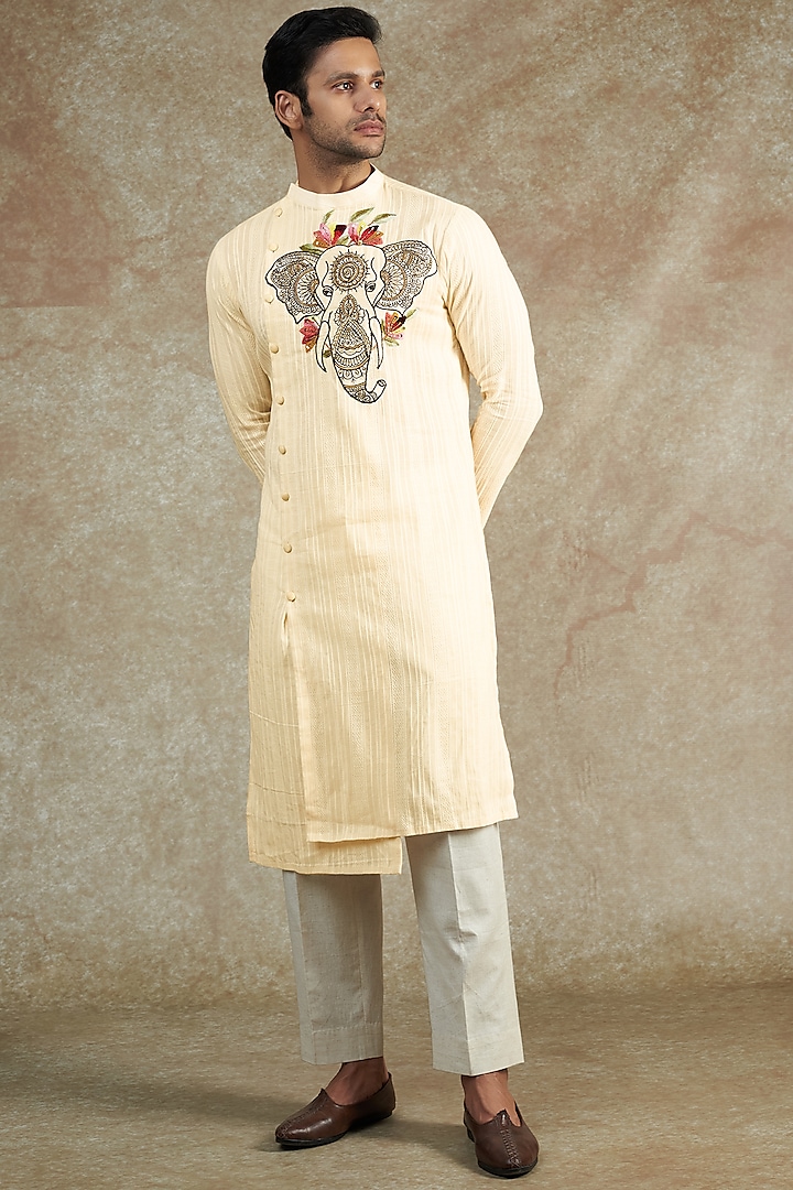 Ivory Cotton Embroidered & Printed Kurta Set by JAMA ART OF DRESSING at Pernia's Pop Up Shop