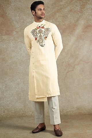 Ivory Cotton Hand Painted & Embroidered Kurta Set by JAMA ART OF DRESSING