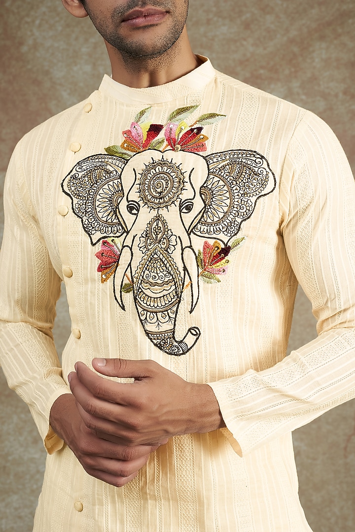Ivory Cotton Hand Painted & Embroidered Kurta Set by JAMA ART OF DRESSING at Pernia's Pop Up Shop