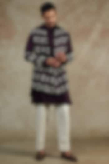 Wine Satin Embellished Jacket With Kurta Set by JAMA ART OF DRESSING