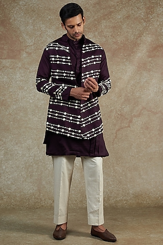 Wine Satin Embellished Jacket With Kurta Set by JAMA ART OF DRESSING