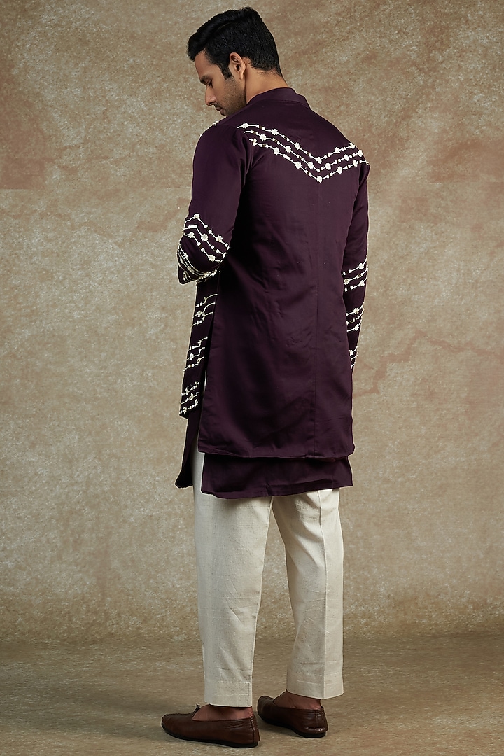 Wine Satin Embellished Jacket With Kurta Set by JAMA ART OF DRESSING at Pernia's Pop Up Shop