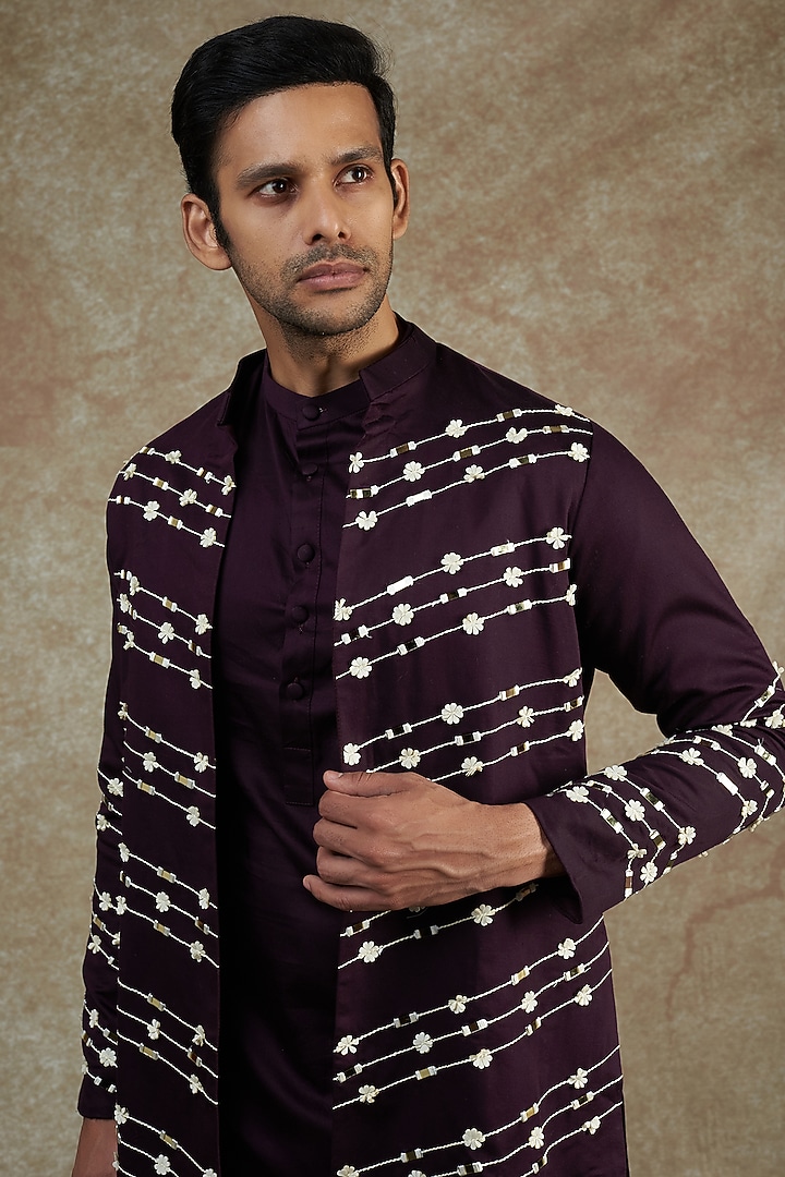 Wine Satin Embellished Jacket With Kurta Set by JAMA ART OF DRESSING at Pernia's Pop Up Shop