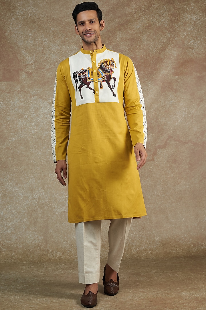 Yellow Khadi Hand Painted & Embroidered Kurta Set by JAMA ART OF DRESSING