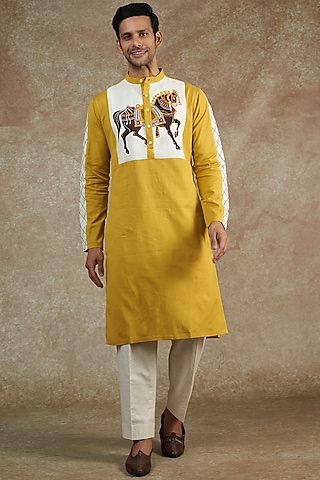 Yellow Khadi Cotton Embroidered & Printed Kurta Set by JAMA ART OF DRESSING