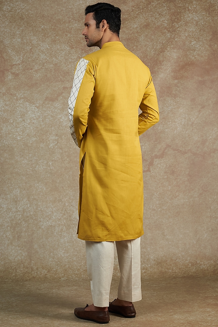 Yellow Khadi Cotton Embroidered & Printed Kurta Set by JAMA ART OF DRESSING at Pernia's Pop Up Shop