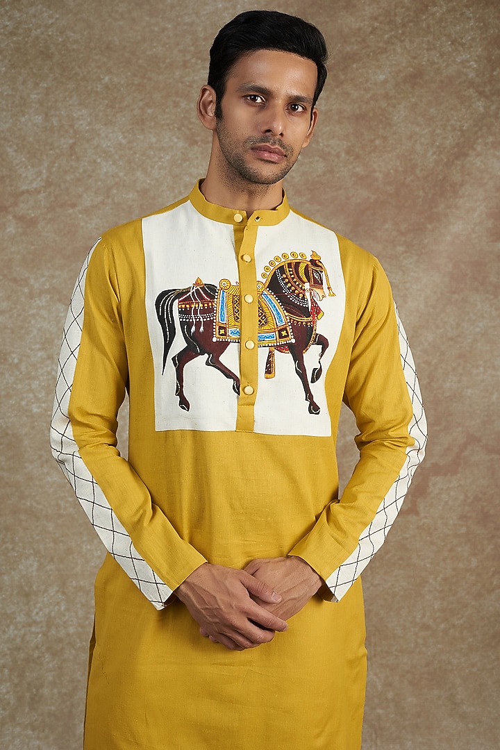 Yellow Khadi Cotton Embroidered & Printed Kurta Set by JAMA ART OF DRESSING at Pernia's Pop Up Shop