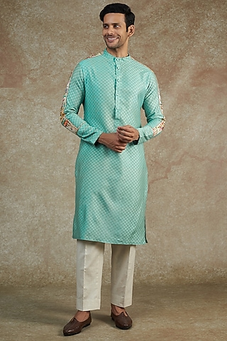 Blue Cotton Embroidered Kurta Set by JAMA ART OF DRESSING