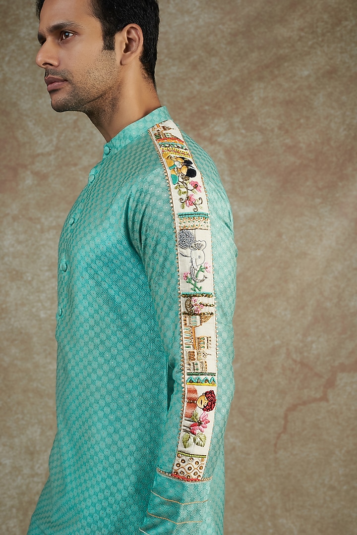 Blue Cotton Embroidered Kurta Set by JAMA ART OF DRESSING at Pernia's Pop Up Shop