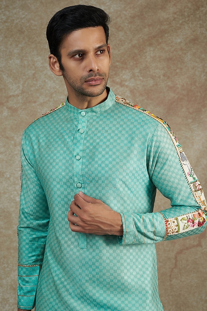 Blue Cotton Embroidered Kurta Set by JAMA ART OF DRESSING at Pernia's Pop Up Shop